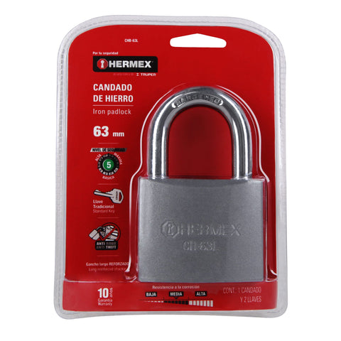Candado de hierro 63 mm gancho largo en blíster, HERMEX | CHB-63L | 43804