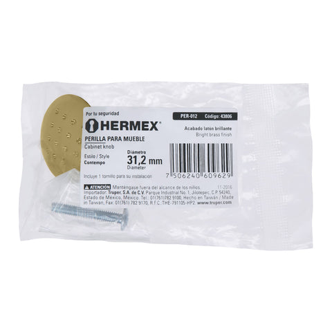 Perilla metálica estilo 'Contempo', latón brillante, HERMEX | PER-012 | 43806