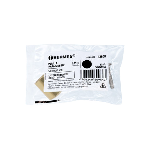 Perilla metálica estilo 'Cilindro', latón brillante, HERMEX | PER-032 | 43808