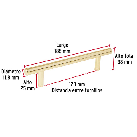 Jaladera de acero, 128mm, línea Cilindro, latón brillante | JAL-0322 | 43829