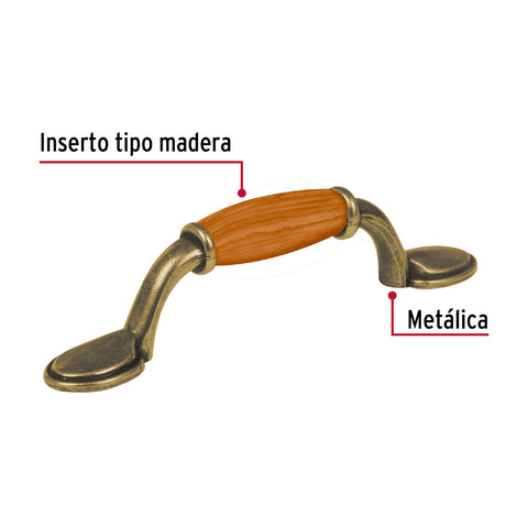 Jaladera metálica de 76mm latón antiguo, inserto tipo madera | JAL-0631 | 43831