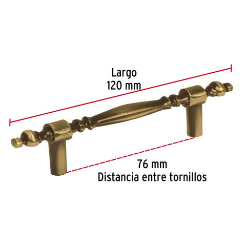 Jaladera metálica de 76 mm estilo 'Colonial', latón antiguo | JAL-0531 | 43837
