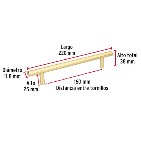 Jaladera de acero, 160mm, línea Cilindro, latón brillante | JAL-0323 | 43872