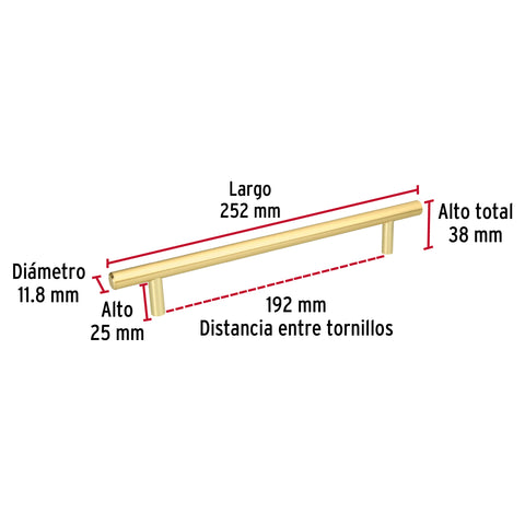 Jaladera de acero, 192mm, línea Cilindro, latón brillante | JAL-0324 | 43873