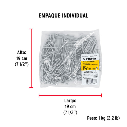 Bolsa con 1 kg de clavos para concreto galvanizados 1-1/2' | CLC-1-1/2G | 44122