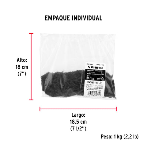 Bolsa con 1 kg de clavos para concreto negros 3/4', FIERO | CLC-3/4N | 44130