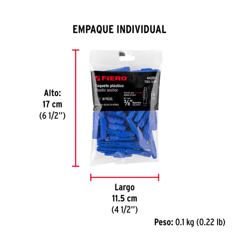 Bolsa con 50 taquetes de plástico 3/8', FIERO | TAQ-3/8P | 44201
