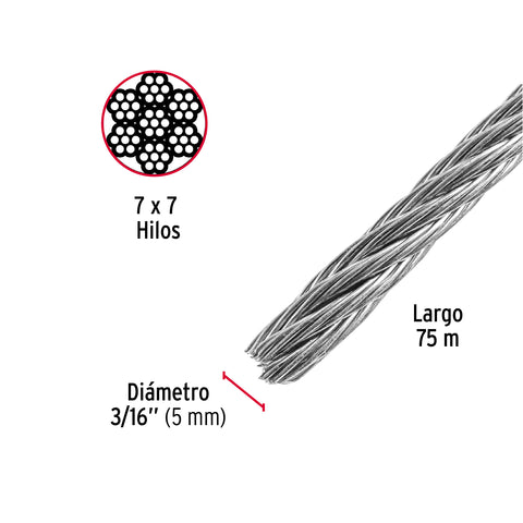 Metro de cable rígido 3/16' de acero 7x7 hilos, 75 m, FIERO | CAB-3/16R | 44206