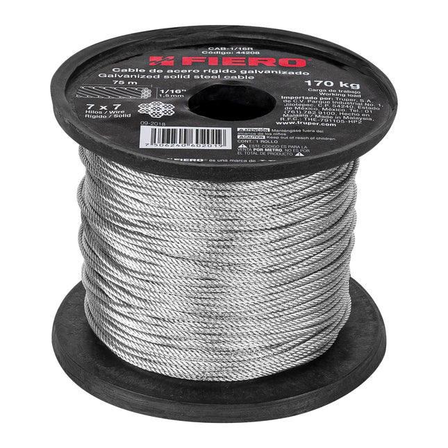 Metro de cable rígido 1/16' de acero 7x7 hilos, 75 m, FIERO (CAB-1/16R)