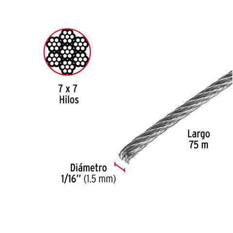 Metro de cable rígido 1/16' de acero 7x7 hilos, 75 m, FIERO | CAB-1/16R | 44208