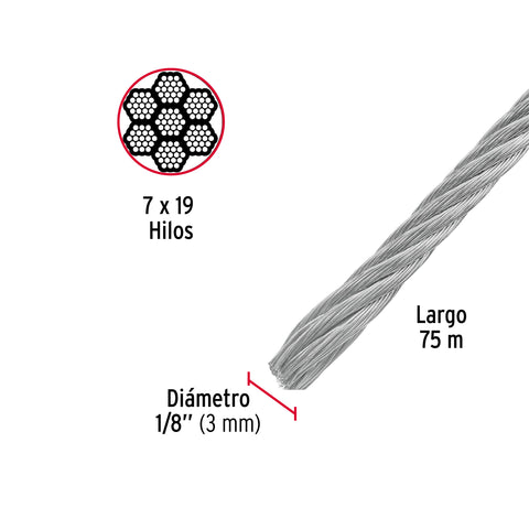 Metro de cable flexible 1/8' de acero 7x19 hilos, 75 m | CAB-1/8F | 44211