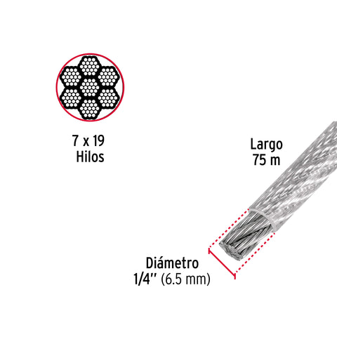Metro cable flexible 1/4' acero 7x19 recubierto PVC, 75 m | CAB-1/4FX | 44224