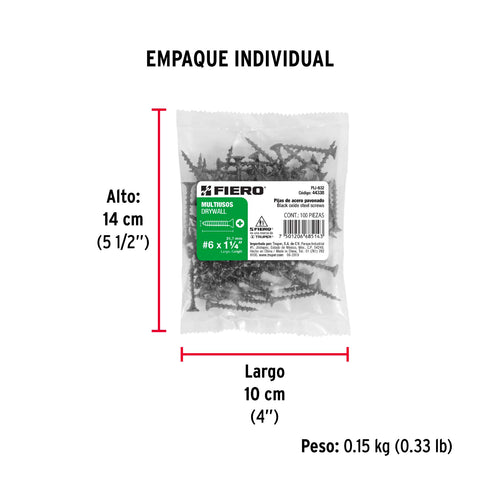 Bolsa con 100 pijas #6 x 1-1/4' multiusos, FIERO | PIJ-632 | 44338