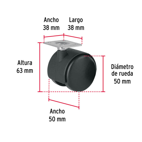Rodaja tipo yoyo de 50 mm con placa, sin freno, FIERO | ROY-50 | 44385