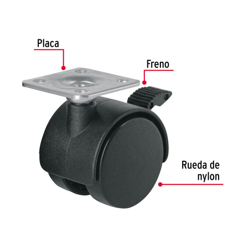 Rodaja tipo yoyo de 40 mm con placa, con freno, FIERO | ROYF-40 | 44388