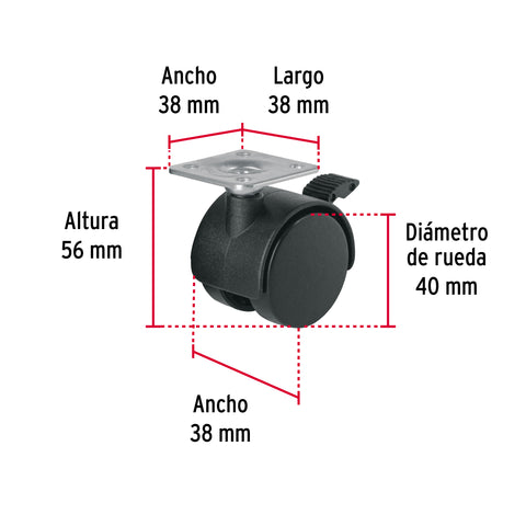 Rodaja tipo yoyo de 40 mm con placa, con freno, FIERO | ROYF-40 | 44388