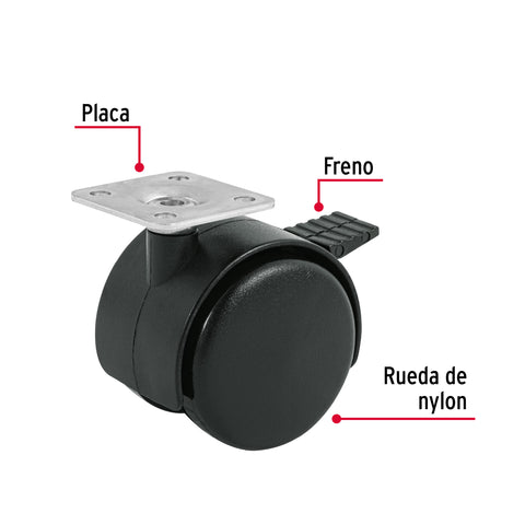 Rodaja tipo yoyo de 50 mm con placa, con freno, FIERO | ROYF-50 | 44389