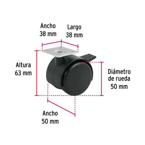 Rodaja tipo yoyo de 50 mm con placa, con freno, FIERO | ROYF-50 | 44389