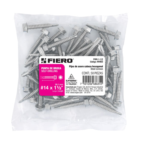 Bolsa con 50 pijas 1-1/2' cabeza hexagonal, punta de broca | PIBR-1-1/2 | 44403