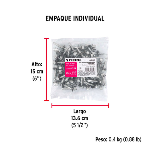 Bolsa con 50 pijas 1-1/4' hexagonal, punta broca con rondana | PIBR-1-1/4R | 44407