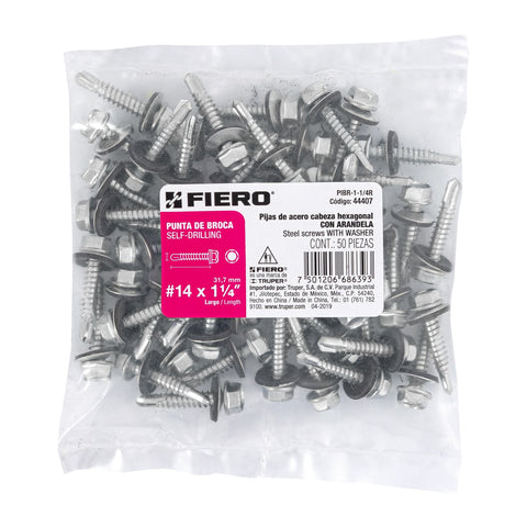 Bolsa con 50 pijas 1-1/4' hexagonal, punta broca con rondana | PIBR-1-1/4R | 44407