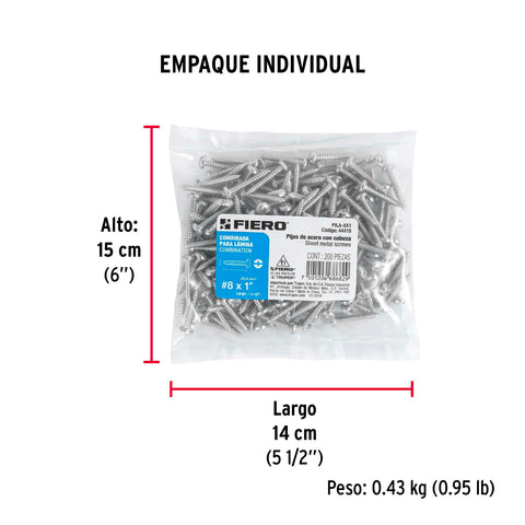 Bolsa con 200 pijas para lámina, #8 x 1', FIERO | PILA-8X1 | 44415