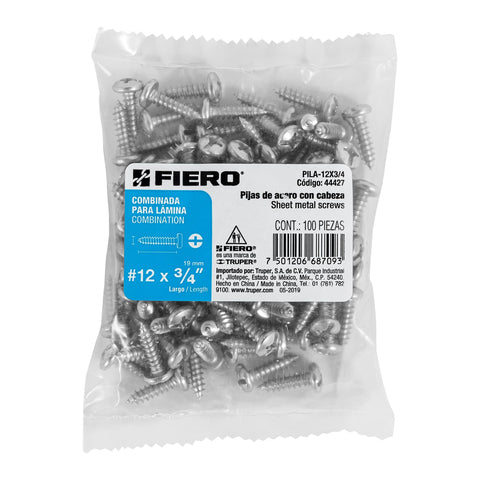 Bolsa con 100 pijas para lámina, #12 x 3/4', FIERO | PILA-12X3/4 | 44427