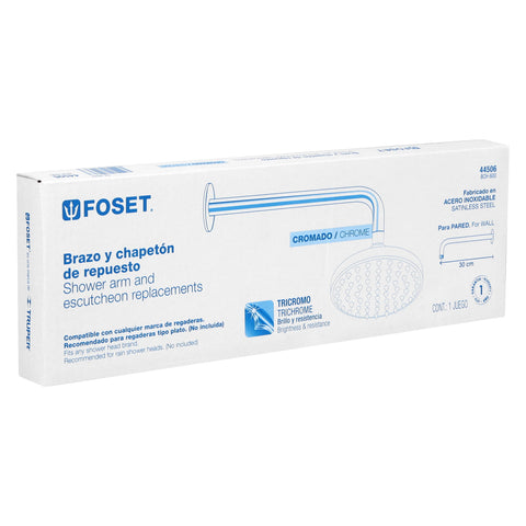 Brazo recto con chapetón para regadera, 30 cm, cromo, FOSET | BCH-600 | 44506