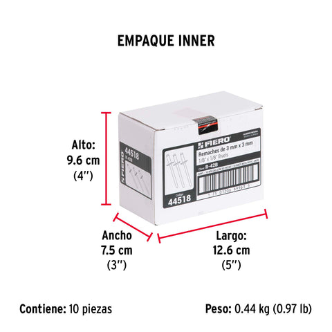 Bolsa con 50 remaches 1/8' x 1/8' de aluminio, ala 1/4' | R-42B | 44518