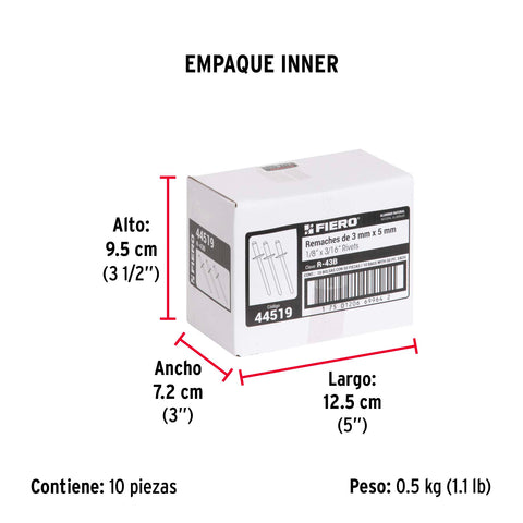 Bolsa con 50 remaches 1/8' x 3/16' de aluminio, ala 1/4' | R-43B | 44519