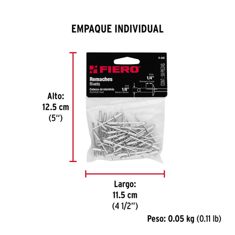 Bolsa con 50 remaches 1/8' x 1/4' de aluminio, ala 1/4' | R-44B | 44520