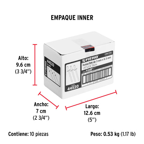 Bolsa con 50 remaches 1/8' x 1/4' de aluminio, ala 1/4' | R-44B | 44520