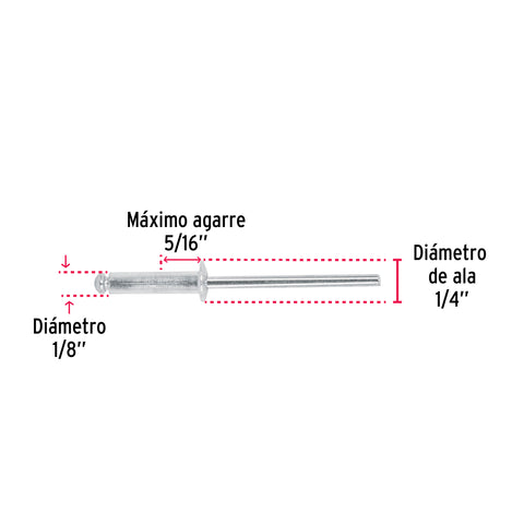 Bolsa con 50 remaches 1/8' x 5/16' de aluminio, ala 1/4' | R-45B | 44521