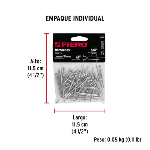 Bolsa con 50 remaches 1/8' x 5/16' de aluminio, ala 1/4' | R-45B | 44521