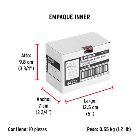 Bolsa con 50 remaches 1/8' x 5/16' de aluminio, ala 1/4' | R-45B | 44521
