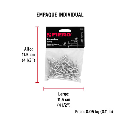 Bolsa con 50 remaches 1/8' x 3/8' de aluminio, ala 1/4 | R-46B | 44522