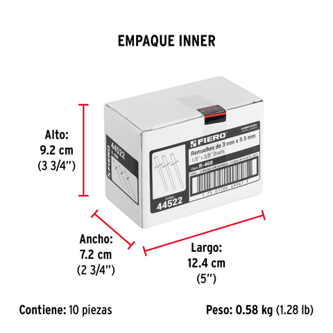 Bolsa con 50 remaches 1/8' x 3/8' de aluminio, ala 1/4 | R-46B | 44522