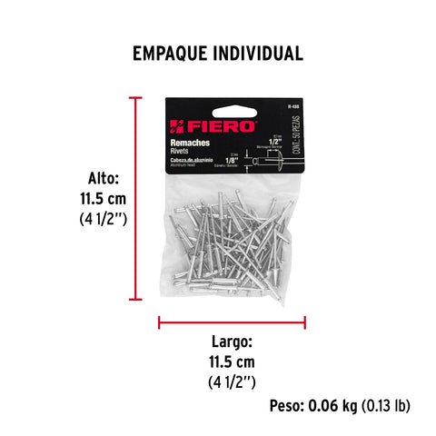Bolsa con 50 remaches 1/8' x 1/2' de aluminio, ala 1/4 | R-48B | 44523