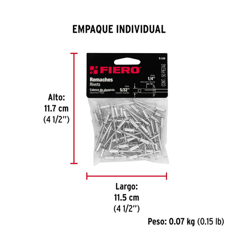 Bolsa con 50 remaches 5/32' x 1/4' de aluminio, ala 5/16' | R-54B | 44525
