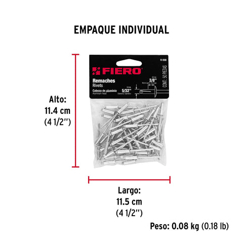Bolsa con 50 remaches 5/32' x 3/8' de aluminio, ala 5/16' | R-56B | 44526