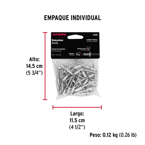 Bolsa con 50 remaches 3/16' x 1/4' de aluminio, ala 3/8' | R-64B | 44529