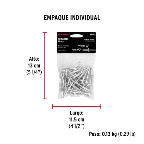 Bolsa con 50 remaches 3/16' x 3/8' de aluminio, ala 3/8' | R-66B | 44530