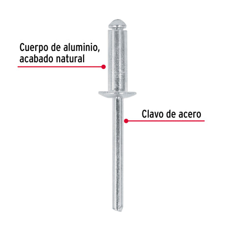 Bolsa con 50 remaches 3/16' x 1/2' de aluminio, ala 3/8' | R-68B | 44531