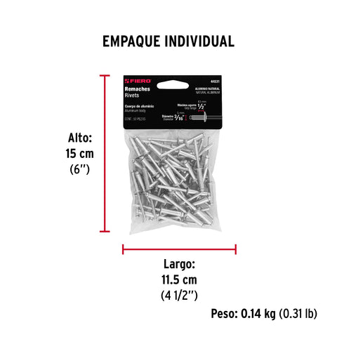 Bolsa con 50 remaches 3/16' x 1/2' de aluminio, ala 3/8' | R-68B | 44531