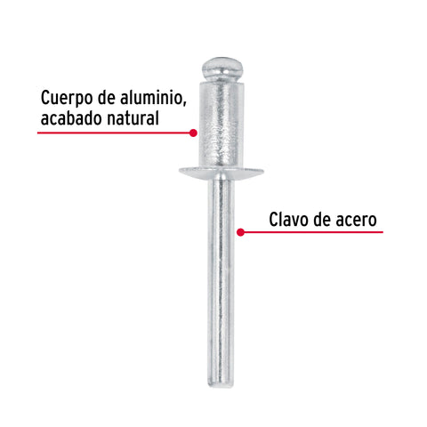 Bolsa con 50 remaches de 1/4' x 1/4' de aluminio, ala 1/2' | R-84B | 44532