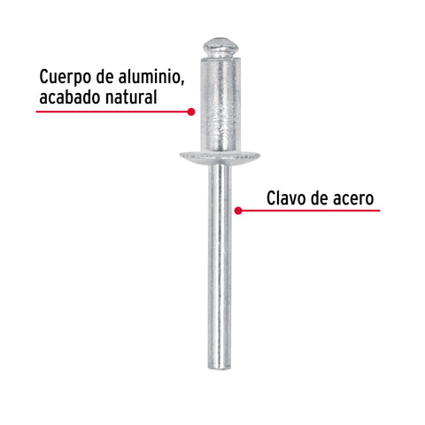 Bolsa con 50 remaches de 1/4' x 3/8' de aluminio, ala 1/2' | R-86B | 44533