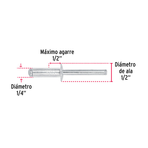 Bolsa con 50 remaches de 1/4' x 1/2' de aluminio, ala 1/2' | R-88B | 44534