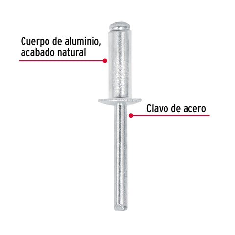 Bolsa con 50 remaches de 1/4' x 1/2' de aluminio, ala 1/2' | R-88B | 44534