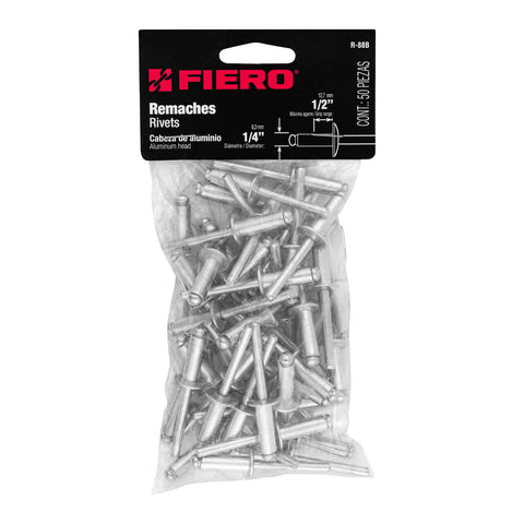 Bolsa con 50 remaches de 1/4' x 1/2' de aluminio, ala 1/2' | R-88B | 44534