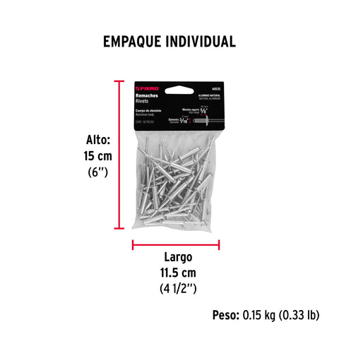 Bolsa con 50 remaches 3/16' x 5/8' de aluminio, ala 3/8' | R-610B | 44535